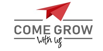 Roter Papierflieger und unterhalb steht come grow with us