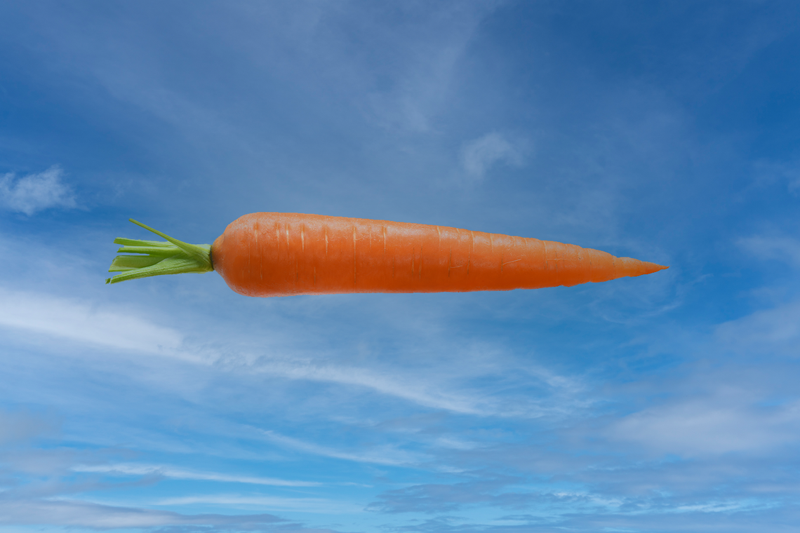 Kollektiv lernen wir zu langsam, um zu überleben Schwebende Möhre im Himmel